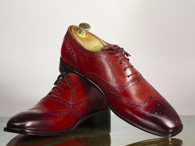 Handmade Men's Burgundy Wing Tip Brogues Shoes, Men's Leather Dress Shoes
