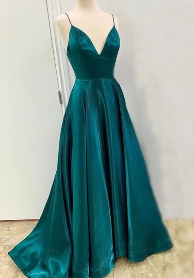 SP1458,Dark Green Spaghetti Straps A-line Satin Full Length Prom Dresses