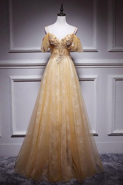 SP1463,Elegant Yellow Lace Applique Off the Shoulder Sheath Prom Dresses with Beaded