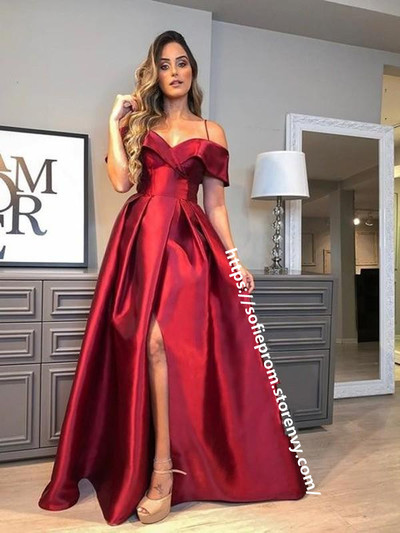 SP1468,Red Off the Shoulder Spaghetti Straps A-line Prom Dresses