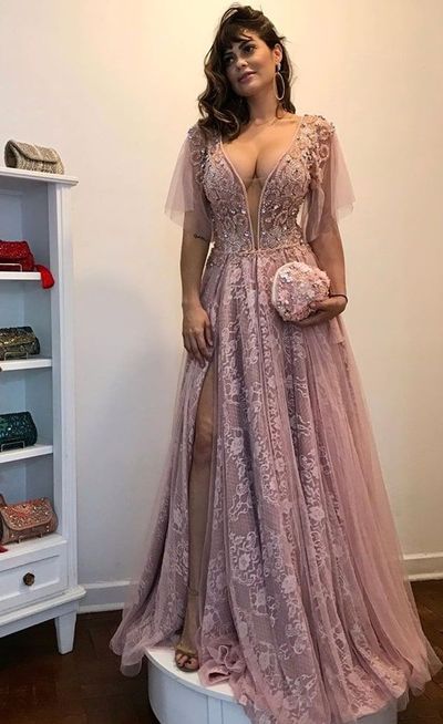 SP1470,Vestido Pink Lace Deep V-Neck Long Sheath Prom Dresses