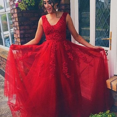Charming a line v neck red tulle appliques prom dresses with beading - Thumbnail 4