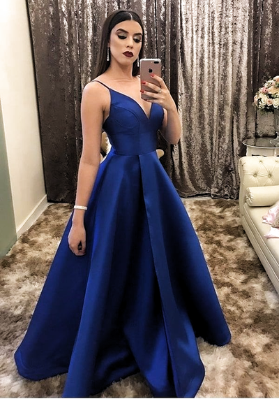 SP1472,Spaghetti Straps Royal Blue A-line Satin Long Prom Dresses