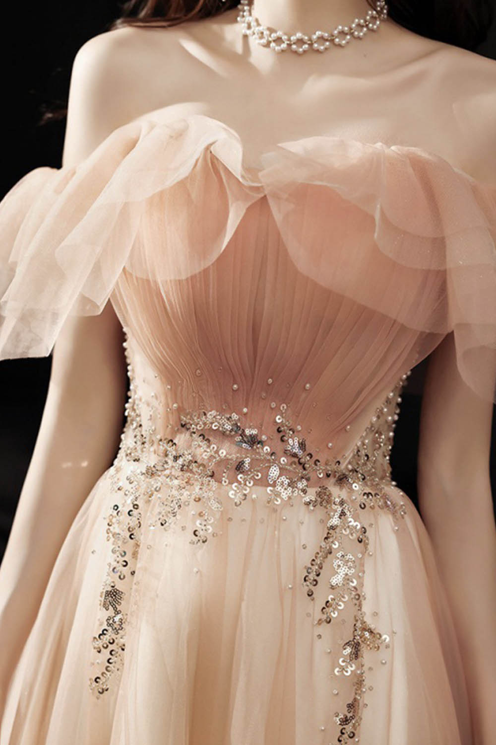 Pink tulle sequins long prom dress evening dress