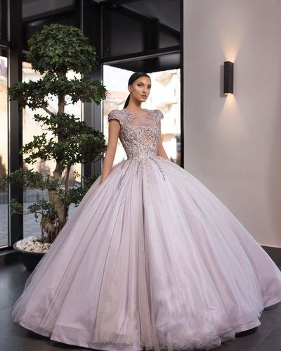 Romantic Ball Gown Cap Sleeves Lilac Tulle Prom Dresses with Lace Appliques,Sweet 16 Party Dresses,Quinceanera Dresses 2021