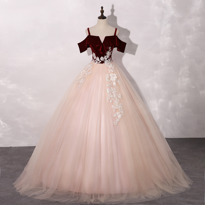 Pink long ball gown dress with lace formal dress