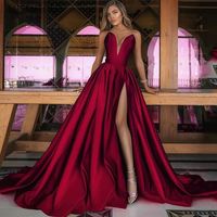 Ball Gown V Neck Dark Red Saitn Long Prom Dresses with Split - Thumbnail 1