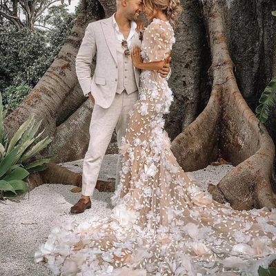 Romantic mermaid sweetheart open back lace wedding dresses with sleeves - Thumbnail 2