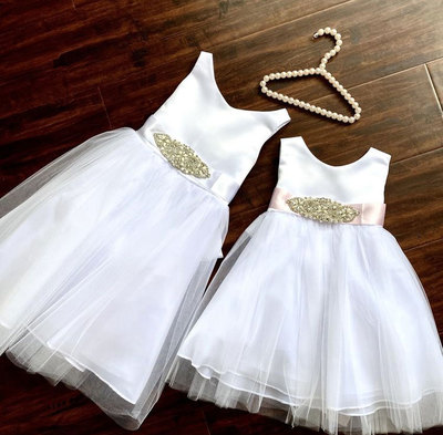 White Flower Girl Dresses with Rhinestones