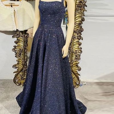 Charming a-line square neck navy blue sparkly sequins long prom dresses with cross back,evening party dresses 2021 - Thumbnail 4
