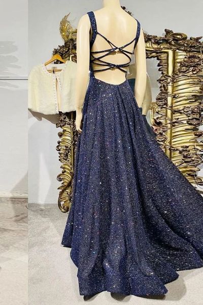 Charming A-Line Square Neck Navy Blue Sparkly Sequins Long Prom Dresses with Cross Back,Evening Party Dresses 2021