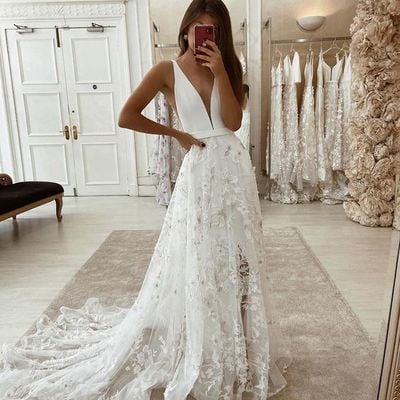 Gorgeous a-line v neck satin lace wedding dresses with split - Thumbnail 4