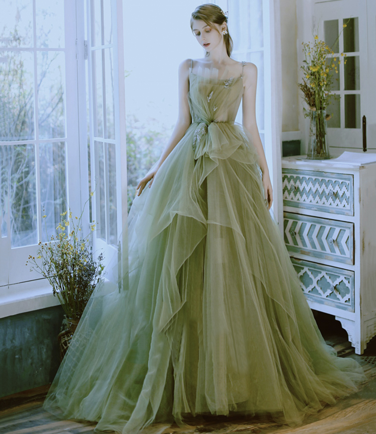 Green tulle long prom dress green evening dress