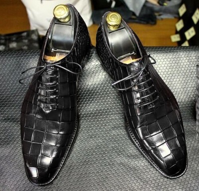 Handmade Black Alligator Leather Shoes,Men Dress Oxford Shoes