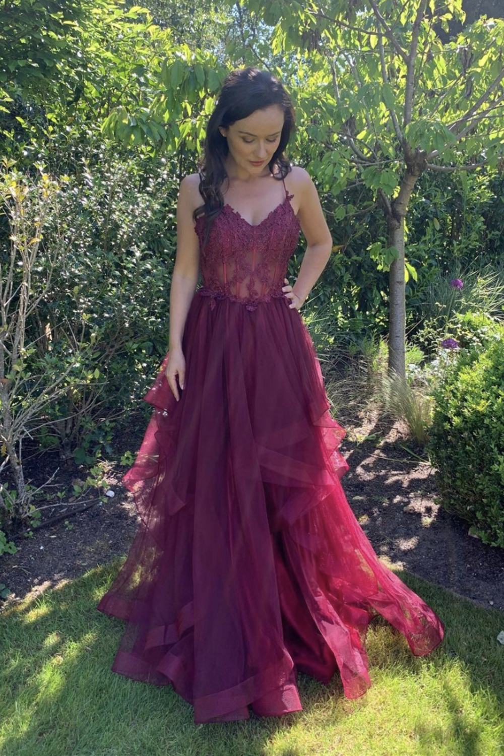 Burgundy lace long prom dress evening dress