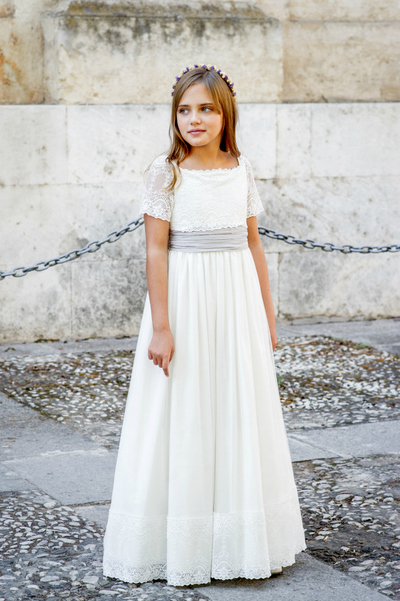 A line White Lace Short Sleeves Girls First Communion Dress,Long Girl Communion Dress,811