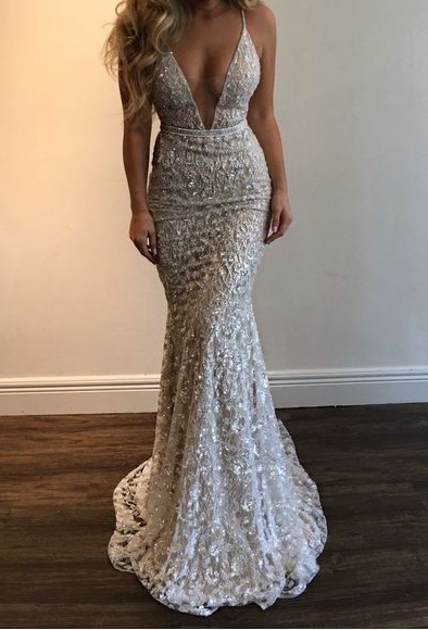 Sexy V-neck Mermaid Prom Dresses,Beading Evening Dresses,Spaghetti Long Dresses,59