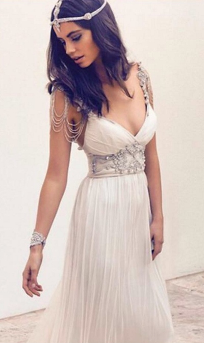 Cap sleeve beach wedding dress, rhinestone prom dress, unique beach wedding gown, dresses for prom, chiffon wedding dress,62