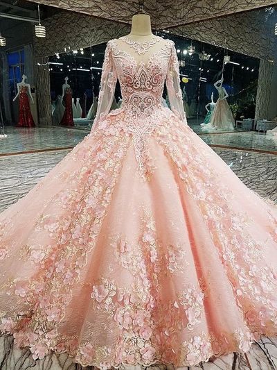 Long Sleeve Appliques Tulle Quinceanera Dresses with Flower, Elegant Beaded Ball Gown Prom Dresses, Formal Evening Dress,73