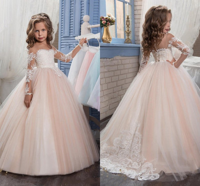 2021 Arabic Blush Pink Flower Girls Dresses For Weddings Long Sleeves Lace Appliques Ball Gown Birthday Girl Communion Pageant Gown,74