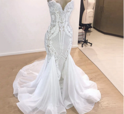 Luxury Elegant Mermaid Wedding Dress 2021 Trumpet V-neck Sleeveless African Bling Bridal White Sequin Beach Wedding Gowns,75