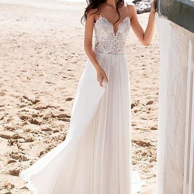Bohemian a line v neck straps chiffon beach wedding dresses - Thumbnail 3