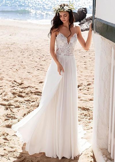 Bohemian A Line V Neck Straps Chiffon Beach Wedding Dresses