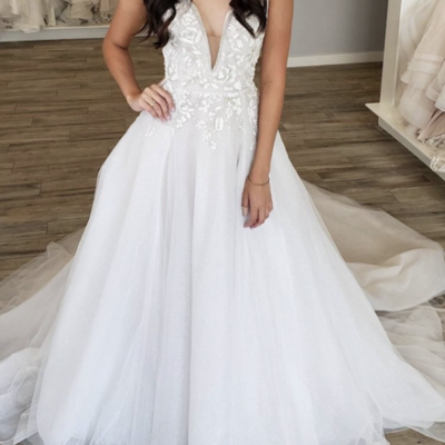 Gorgeous ball gown v neck tulle wedding dresses with sparkly lace - Thumbnail 3