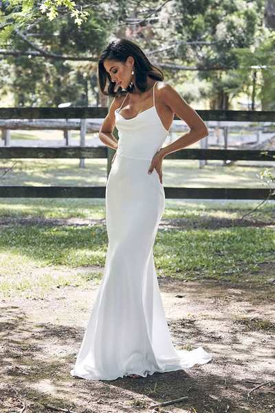 Romantic Mermaid Cowl Neck Spaghetti Straps White Soft Satin Wedding Dresses