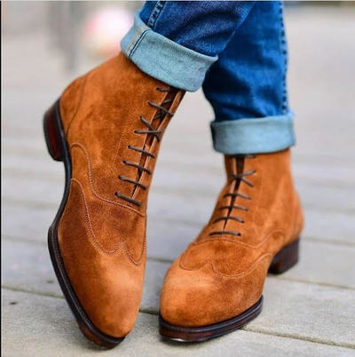 Brown Wingtip Ankle High Adult Boot,Men's Handmade Lace Up Boot,Formal Wear Boot