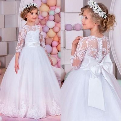 Cute A-Line Round Neck 3/4 Sleeves White Tulle Lace Flower Girl Dresses with Big Bow
