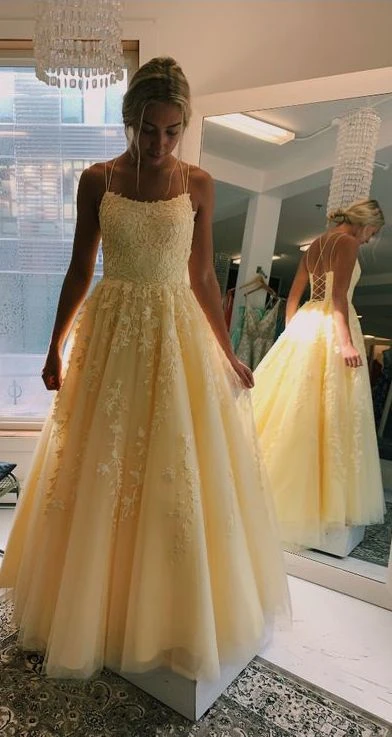Glamorous A Line Spaghetti Straps Yellow Long Prom/Evening Dress Appliques,825
