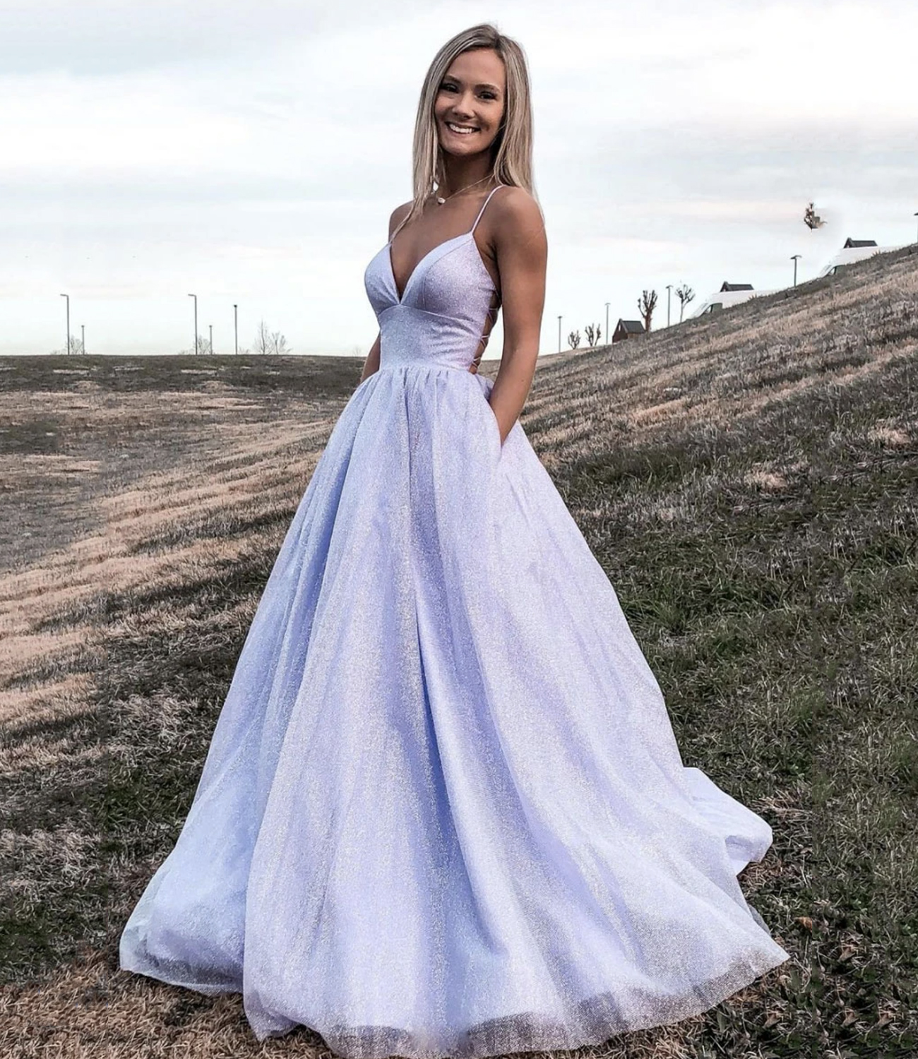 Purple tulle long A line prom dress shiny evening dress