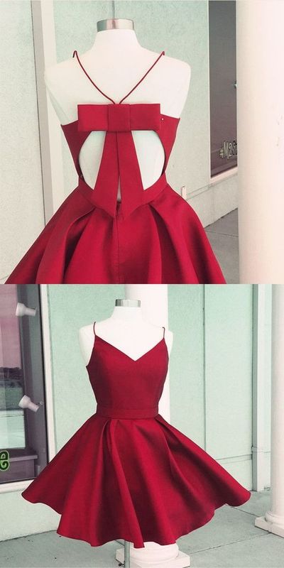 Short homecoming dresses, satin dresses, red gowns, spaghetti straps dresses,88