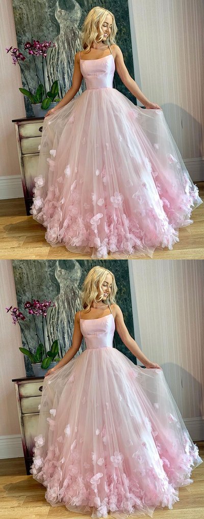 Pink Tulle Spaghetti Straps Sweet 16 Prom Dress With 3D Lace Applique,100