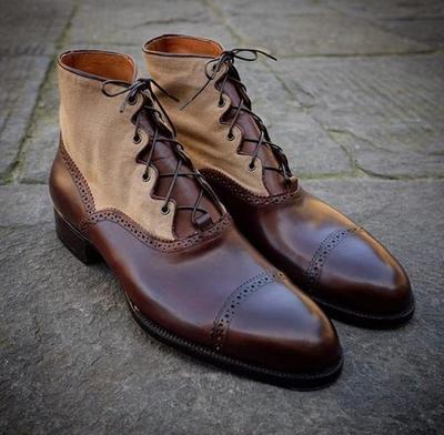 New Handmade Tweed & Dark Brown Leather Ankle Boots for Men's