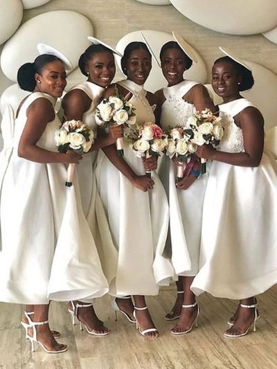 Ankle Length White Bridesmaid Dresses with Big Bowknot