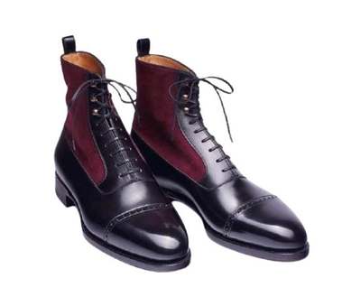 Handmade Men Black and Burgundy Cap Toe Brogue Ankle High Leather and Suede Shoes