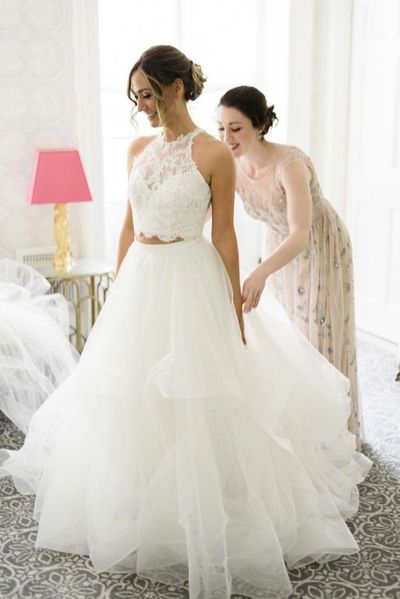 Charming Two Piece White Tulle Lace Wedding Dresses