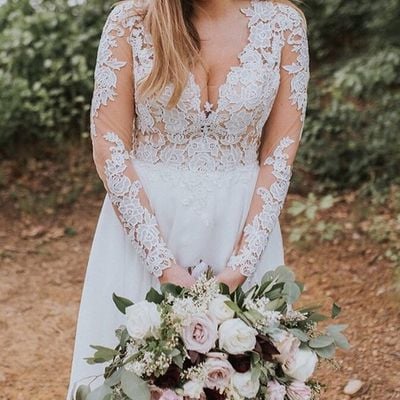 Fairy a line v neck long sleeves wedding dresses with appliques - Thumbnail 2