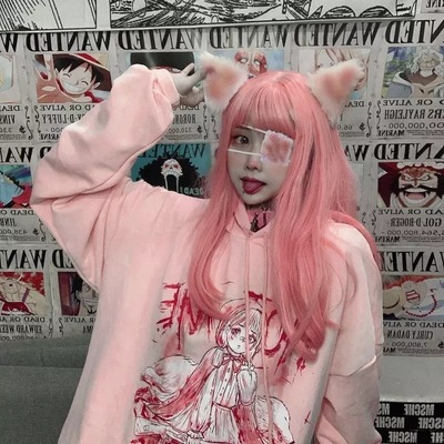 Pastel Pink Anime Girl Cartoon Loose Casual Hoodie Sweatshirt Sweater Long Sleeve Pullover Jumper E-Girl Kawaii Korean Japanese Harajuku Streetwear