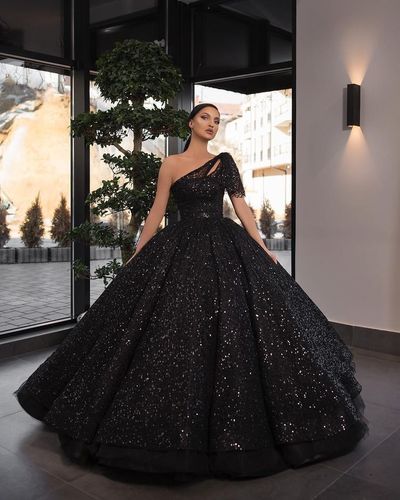 Sparkly Ball Gown One Shoulder Black Sequins Long Prom Dresses