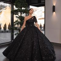 Sparkly Ball Gown One Shoulder Black Sequins Long Prom Dresses - Thumbnail 1
