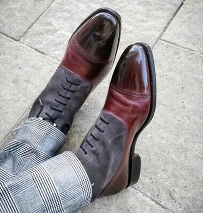New Handmade Gray Suede & Burgundy Shaded Leather Ankle Boots for Men's