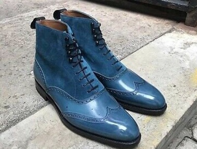 New Handmade Bluish Suede & Leather Ankle Boots for Men's