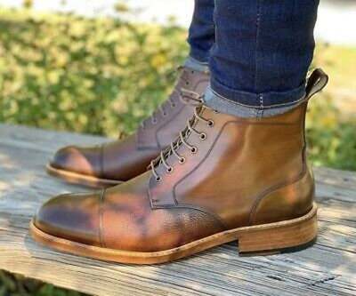 New Handmade Tan Calf & Genuine Cow Leather Ankle Boot for Men's