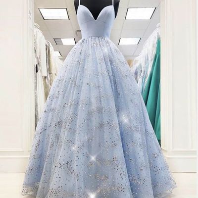 Ball gown v neck spaghetti straps light blue sequins tulle prom dresses - Thumbnail 4
