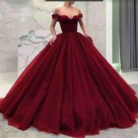 Gorgeous Ball Gown Off the Shoulder Burgundy Tulle Prom Dresses - Thumbnail 1