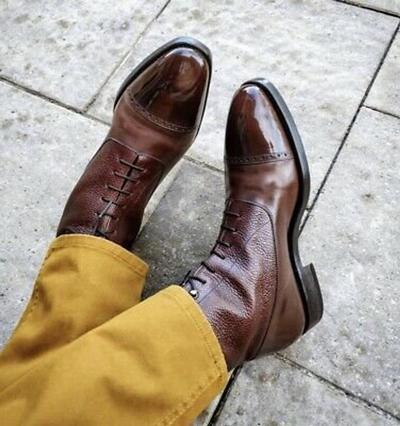 New Handmade Brown Calf & Genuine Brown Cow Leather Ankle Boot for Men's