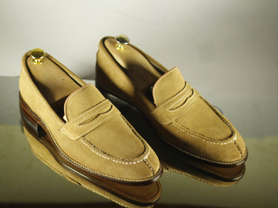 Bespoke Men's Beige Split Toe Shoes, Men's Handmade Penny Loafers Suede Oxford Shoes